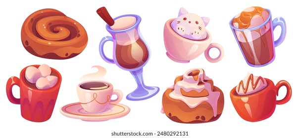 Latte coffee, chocolate drink and cinnamon cake illustration. Cute cinammon roll bun and cream frappe beverage with marshmallow. Spice cocktail glass or tea types for cafe menu for breakfast