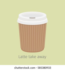 Latte coffee in closed paper cup for take away on yellow background with sign. Kind of Italian coffee. Take away hot drink icon. Minimalist isolated vector illustration for coffee shops and cafes.