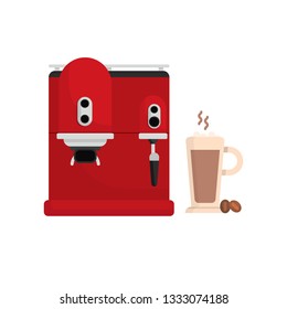 Latte coffee cup with grains, coffee machine isolated on background
