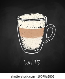 Latte coffee cup isolated on black chalkboard background. Vector chalk drawn sideview grunge illustration.
