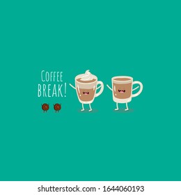 latte coffee, cup of coffee with milk and coffee bean. Funny image, Vector illustration, cut image. Funny food. Use for the menu, in the shop, in the bar, the card or stickers.