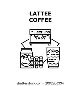 Latte coffee cup. Overhead cafe. Top view coffee mug. Latte foam. Heat energy drink vector concept black illustration