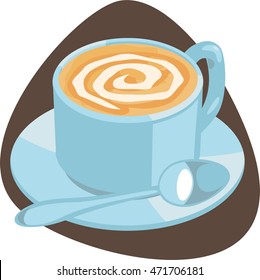 Latte coffee. Coffee cup with spoon. Isolated. On brown background.