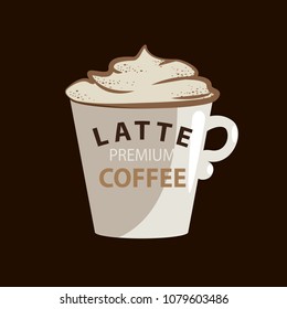 Latte coffee cup in typography hipster style with cream and cinnamon illustrations. Emblem or logo. Vector illustration design.