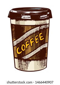 Latte coffee to go in vintage style. Hand drawn engraved retro sketch for labels. Hot drink. Cappuccino template for a label or menu.