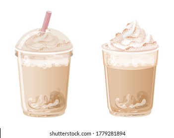 Latte Coffee, Ice coffee with cream, white foam and cinnamon sprinkles in clear plastic glass Vector isolated on white background