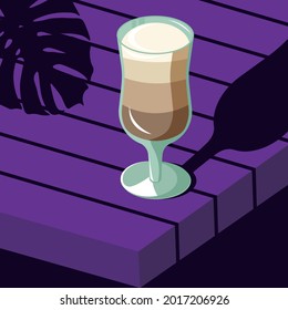 Latte coffee in a light green glass on a purple table