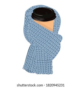 Tapón de café de lata envuelto con una ilustración de material vectorial de la bufanda azul de punto. Acogedora ilustración de invierno para una postal. Estilo de vida urbano en la época fresca del año. Afiche interior de otoño aislado 
