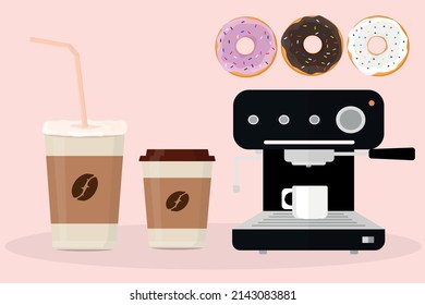 latte coffee in a paper cup and donuts with different fillings