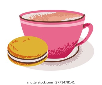 Latte coffee in pink cup with macaron cake on transparent background