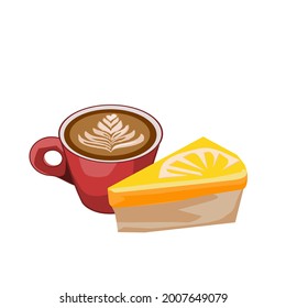 Latte coffee in red ceramic cup and lemon cake.Isolated vector illustration on a white background.