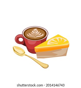 Latte coffee in red ceramic cup and lemon cake.There was a golden spoon on the side..Isolated vector illustration on a white background.