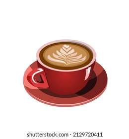 Latte coffee in red ceramic mug in saucer.Leaf shape latte art milk foam.Isolated vector illustration on a white background.Can be used for logo, icon, restaurant menu, packaging, and graphic.