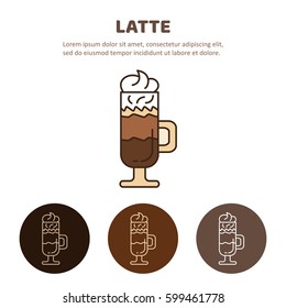 Latte coffee with whipped cream. Glass of hot Latte macchiato coffee close up.