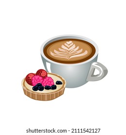 Latte coffee in white ceramic cup.There are fruit crackers, strawberries, raspberries, blueberries on the side.Isolated vector illustration on a white background.