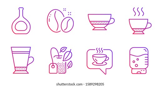 Latte, Cognac bottle and Mint bag line icons set. Bombon coffee, Espresso and Coffee beans signs. Water cooler symbol. Brandy alcohol, Mentha tea. Food and drink set. Gradient latte icon. Vector