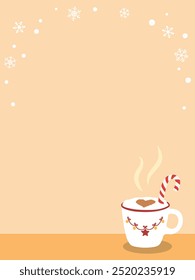 Latte cream teacup decorated with candy cane and snowflake background illustration