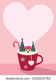 Latte cream teacup heart background illustration decorated with Christmas tree, house and candy cane