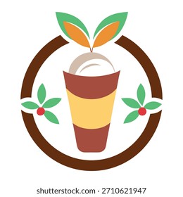 Una taza de café con leche con un borde de frutas combinado
