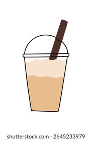 Latte in a disposable plastic cup with a straw. illustration of a new flat. White background.