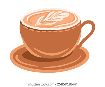 Latte with foam and decorative art. Hot Coffee mug. Vector.