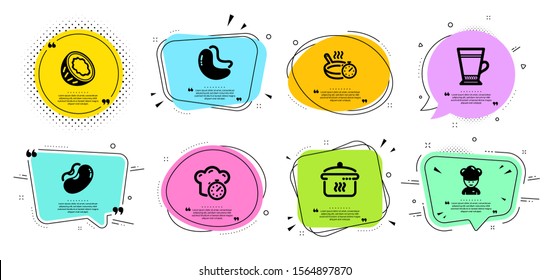 Latte, Frying pan and Beans line icons set. Chat bubbles with quotes. Cooking timer, Cashew nut and Coconut signs. Cooking chef, Boiling pan symbols. Coffee beverage, Vegetarian seed. Vector