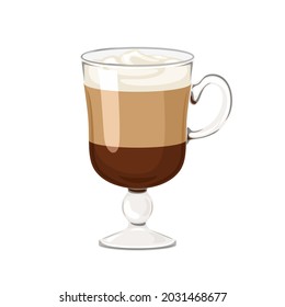 Latte in glass cup isolated on white background. Vector illustration of coffee drink in cartoon flat style.