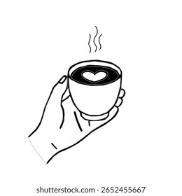 Latte in hand. A hand holding a cup of hot latte with heart-shaped foam art. Black and white vector of latte art served in hand, featuring a heart design.Minimal line art of a hand holding warm coffee