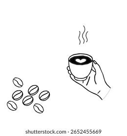 Latte in hand. A hand holding a cup of hot latte with heart-shaped foam art. Black and white vector of latte art served in hand, featuring a heart design.Minimal line art of a hand holding warm coffee