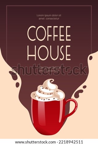 Latte, Hot chocolate or coffee, cocoa and whipped cream in a red mug. Banner for coffee shop, cafe bar, barista. Vector illustration for poster, banner, flyer, advertising, publicity, promo, menu