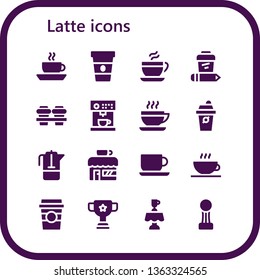 latte icon set. 16 filled latte icons.  Collection Of - Coffee, Coffee machine, French press, Coffee shop, cup, Cup, Latte