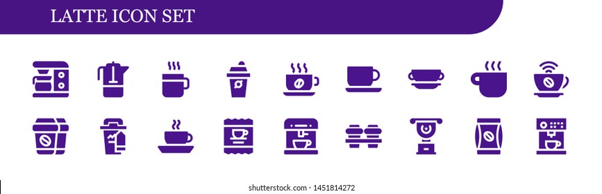 latte icon set. 18 filled latte icons.  Collection Of - Coffee maker, French press, Coffee, Cup, Coffee cup, machine, bag