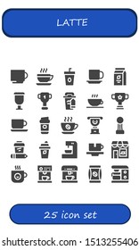 latte icon set. 25 filled latte icons.  Collection Of - Cup, Coffee, Beans, Coffee cup, Coffee shop, machine, bag, maker icons