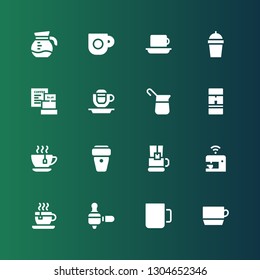 latte icon set. Collection of 16 filled latte icons included Cup, Coffee maker, Tea cup, Coffee machine, Coffee cup,