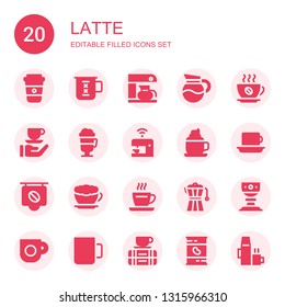 latte icon set. Collection of 20 filled latte icons included Coffee, Cup, Coffee maker, Irish coffee, machine, Latte, cup, Break, Beans, Hot drink