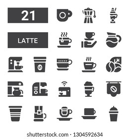 latte icon set. Collection of 21 filled latte icons included Coffee, Coffee cup, Tea cup, Cup, Irish coffee, machine, maker, beans, bag, Latte