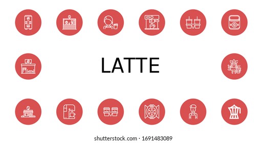 latte icon set. Collection of Coffee machine, Coffee shop, Barista, Coffee maker, Cup carrier, Instant Break, icons