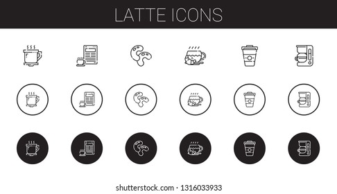 latte icons set. Collection of latte with coffee cup, coffee, beans, coffee maker. Editable and scalable latte icons.