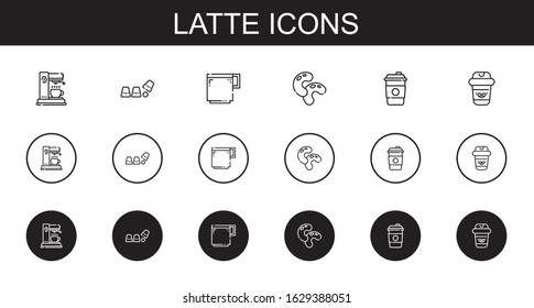 latte icons set. Collection of latte with coffee maker, cup, coffee cup, beans, coffee. Editable and scalable latte icons.