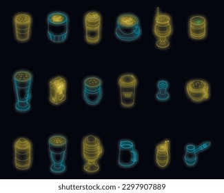 Latte icons set. Isometric set of latte vector icons neon color on black