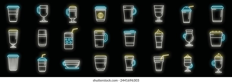 Los iconos de latte definen el vector de contorno. Bebida de café. Color de neón de crema de especias en negro