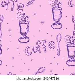 latte macchiato with coffee beans, spoon and fork on background, Seamless hand drawn pattern.