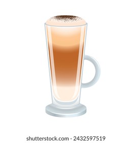 Latte macchiato with froth milk vector illustration. Latte macchiato coffee icon vector isolated on a white background. Coffee in a tall glass with a handle graphic design element