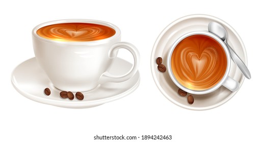 Latte with pattern on foam top and side view isolated on white background. Realistic view of coffee with the necessary accessories. Vector illustration