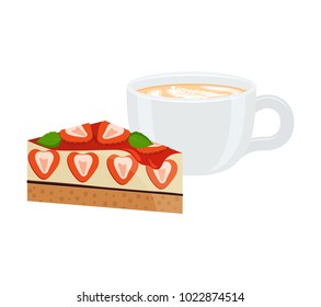 Latte poured in cup and cake made of strawberries slices and cream, mint leaf as decoration, vector illustration isolated on white background