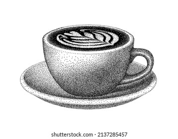 Latte Skizze. Kaffee mit Milch. Weiße Keramiktasse und Untertasse. Kaffee trinken. Illustration im Vintage Pointillismus Bitmap-Stil. Gravierungsvektor.