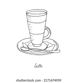 Latte in a tall glass with a spoon on a plate and a napkin on a white background black and white