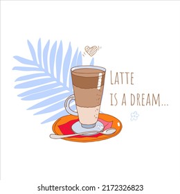 Latte in a tall glass with a spoon on a plate and a napkin on a white background, palm leaf and lettering