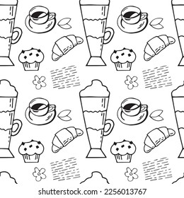 Latte in a tall mug, Cup of coffee, Croissant, flowers, decorative elements linear sketch black and white isolated on white background seamless pattern