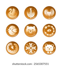 Latte toppings art. Aroma coffee with pouring milk foam top view, barista creative drawing swan heart bear hot morning cappuccino caffeine drink cafe shop exact vector illustration original artwork